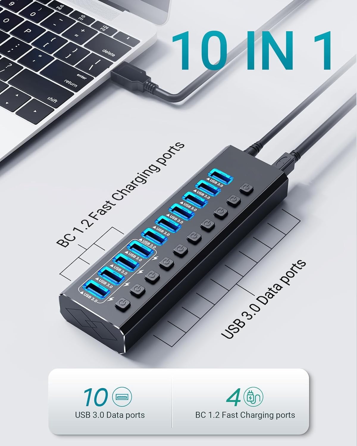 Powered USB Hub 3.0, 10-Port USB 3.0 Hub [Durable Aluminum] 10 Data Transfer Ports+ 4 Smart Charging Ports with Individual On/Off Switches, USB Hub 3.0 Powered with Power Adapter for Laptop PC