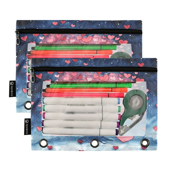 2 Pack Pencil Pouch for 3 Ring Binder Smooth Zipper Folders with Pockets Clear Window Pencil Case Love Tree