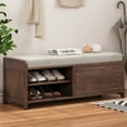thumbnail image 3 of Tcbosik 43.3" Entryway Shoe Storage Bench with Removable Seat Cushion & Sliding Shutter-Style Doors, Shoe Cabinet with Shelf for Living Room, Hallway, Foyer, Espresso, 3 of 10