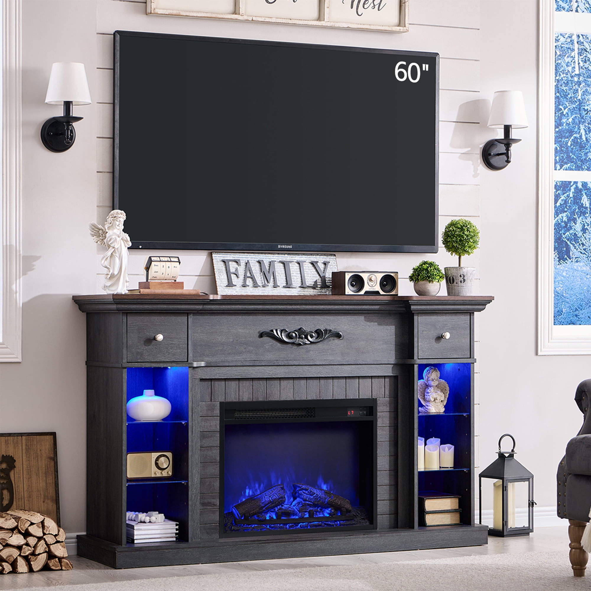 SinCiDo Electric Fireplace TV Stand for 65 Inch TVs, Farmhouse LED Entertainment Center w/7 Colors Changing and Adjustable Shelves