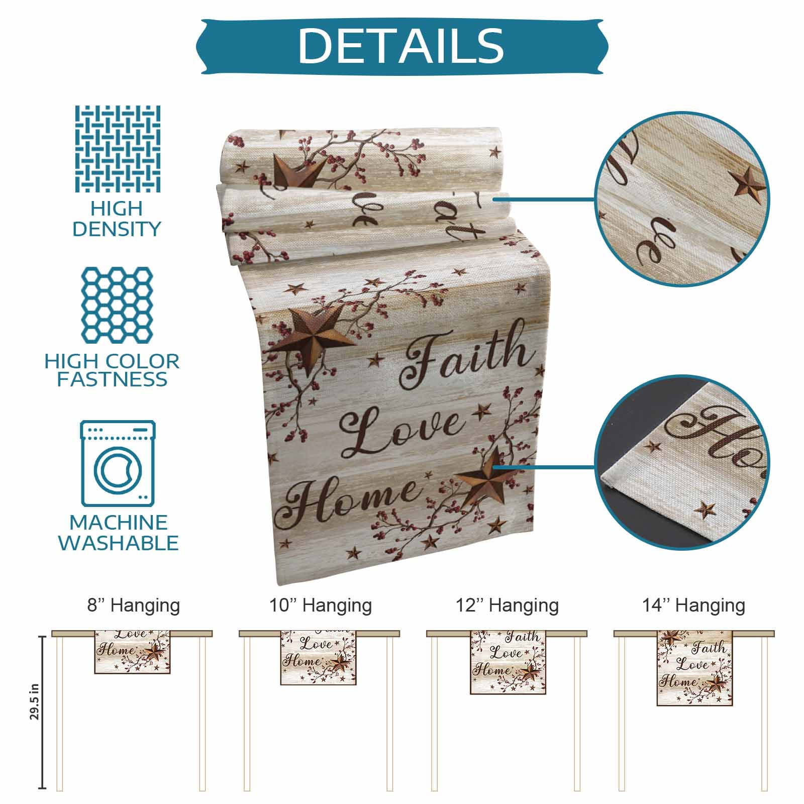 Texas Star Brown Cotton Linen Table Runner for Dining Kitchen, Farmhouse Retro Branches Wooden Grain Wedding Outdoor Party Tablerunners, Dresser Scarf Coffee Tablecloth Runners 13x48 Inches