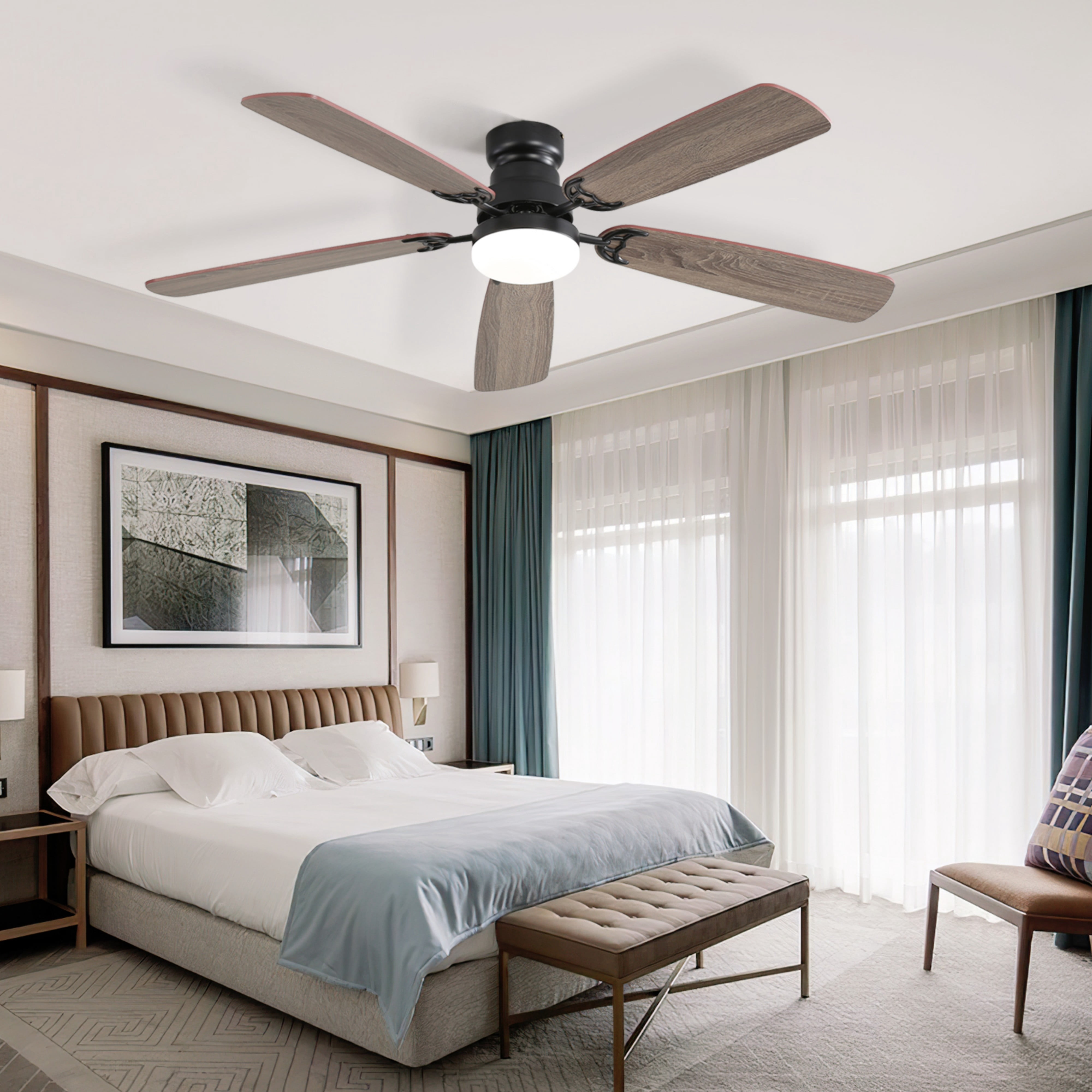 Sofucor 52" Ceiling Fan with Dual Blade Finish, Modern, LED Light, Downrod and Flush Mount, Indoor
