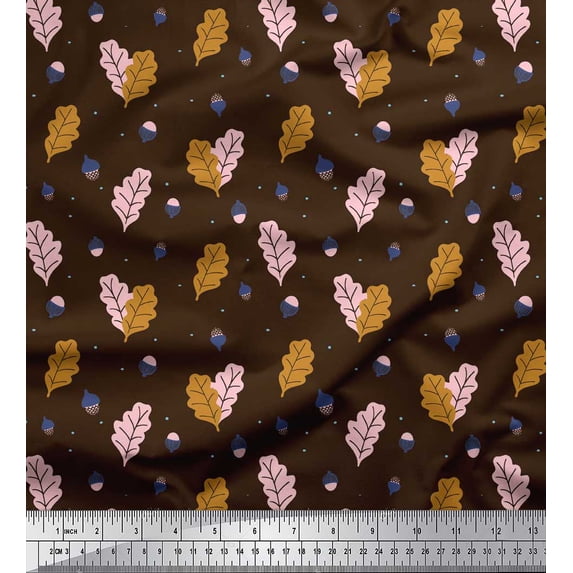 Soimoi Brown Cotton Voile Fabric Oaknut & Oak Leaves Print Fabric by Yard 42 Inch Wide