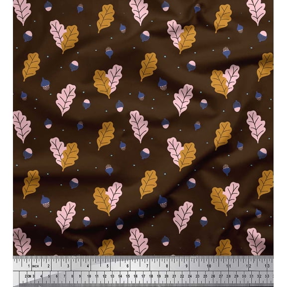 Soimoi Brown Cotton Jersey Fabric Oaknut & Oak Leaves Decor Fabric Printed BTY 58 Inch Wide