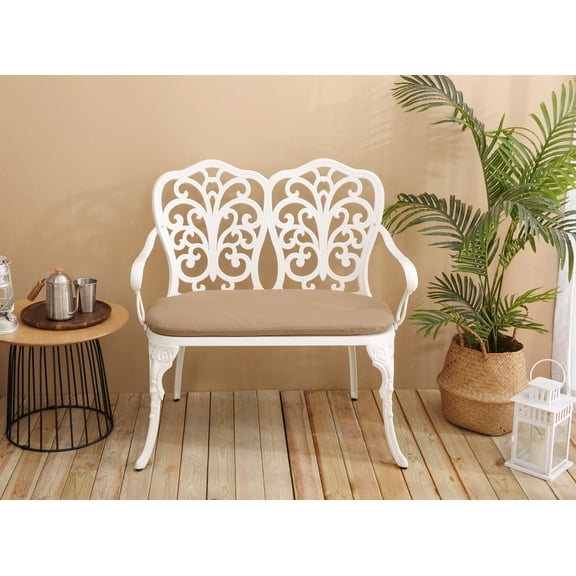 LiviNest Cast Aluminum Garden Bench: All-Weather Patio Seating for 2 - Floral Rose Backrest & Cushion for Porch Backyard Park - Durable Outdoor Furniture