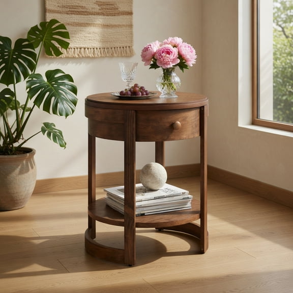 Topcobe 2-Tier Round End Table Mid Century Modern Nightstand, End Table for Living Room, Bedroom with Drawer and Shelf