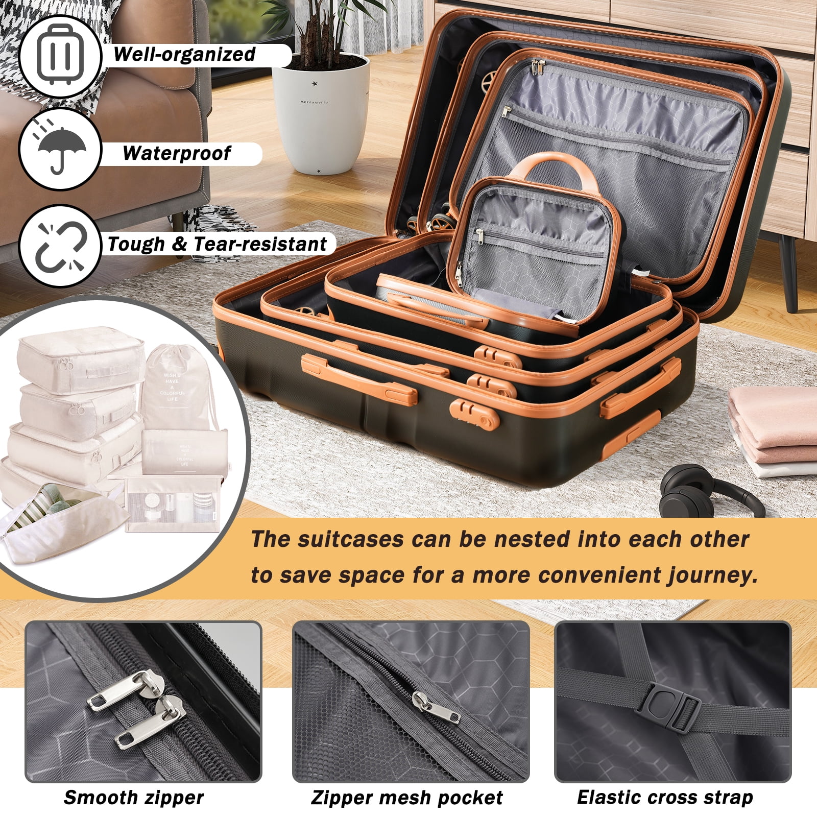 Euroco 13 Piece Luggage Sets ,Lightweight & Durable Suitcases with Spinner Wheels,ABS Hardshell Carry-On & Check-In Sizes for Family Travel,Black