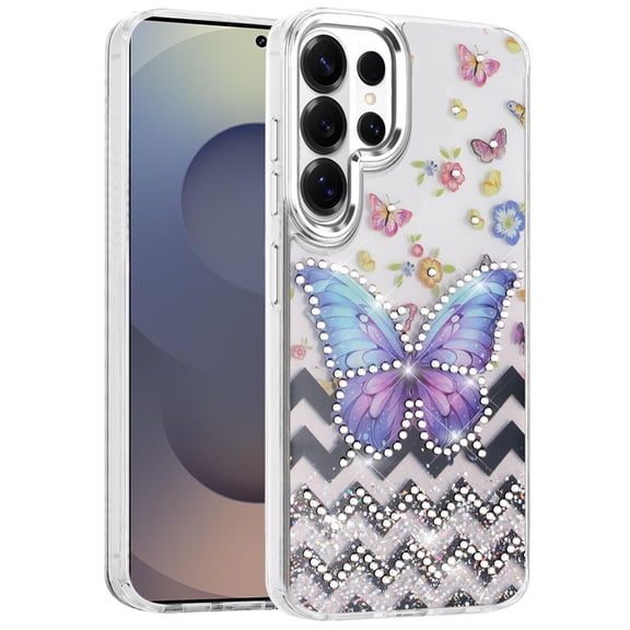 For Samsung Galaxy S26 Ultra Phone Case, Butterfly Resin Epoxy Diamond Design Metal Edged Hybrid Shockproof Heavy Duty Drop Protection Cover for Galaxy S26 Ultra - Light Purple