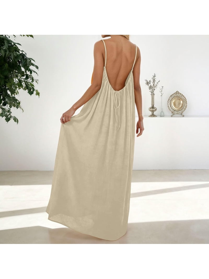 Backless Cami Dresses for Women Low Back Housedress Casual Flowy Maxi Dress Sleeveless Solid Open Back Sundress