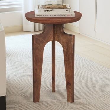GDF Studio Mid-Century Modern Mango Wood Round End Table, 3-Leg Design, Honey