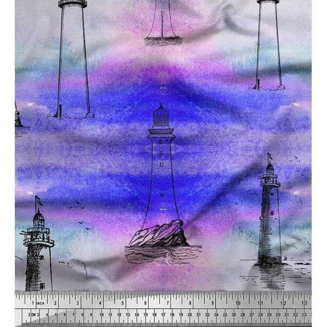 Soimoi Georgette Viscose Fabric Lighthouse Nautical Printed Craft Fabric by The Yard 42 Inch Wide