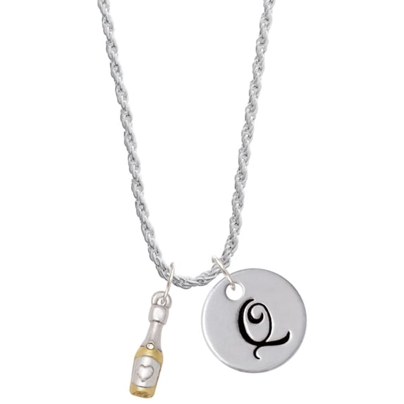 Delight Jewelry Two-tone Champagne Bottle Silvertone Script Initial Disc - Q - Charm Necklace, 20"+3"
