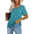 thumbnail image 3 of Charella Fashion Women's Summer V-Neck Solid Short Sleeve Casual Top Blouse Sky Blue,L, 3 of 8