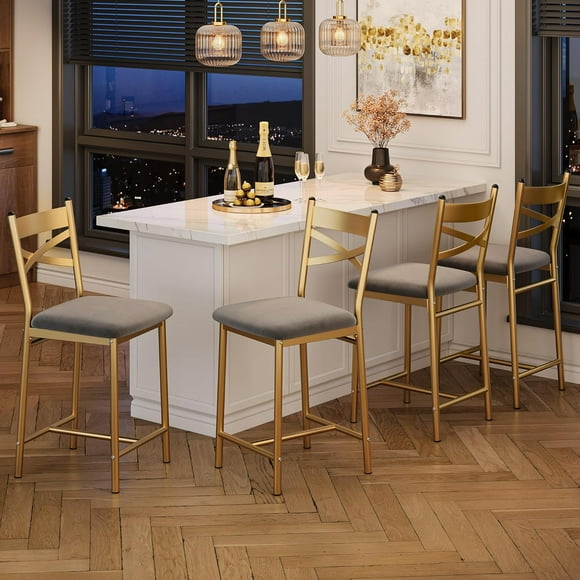 Historyli Juego de 2 taburetes de bar tapizados con respaldo y cojín grueso, altura de mostrador para isla de cocina, apartamento, barra, dorados.