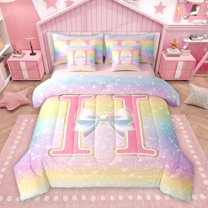Homewish Initial H Letter Bedding Comforter Set 7pcs for Girls, Dreamy Galaxy Stars Rainbow Queen Bedding Sets, Cute Princess Style Reversible Queen Sheet Sets, Breathable Home Decor