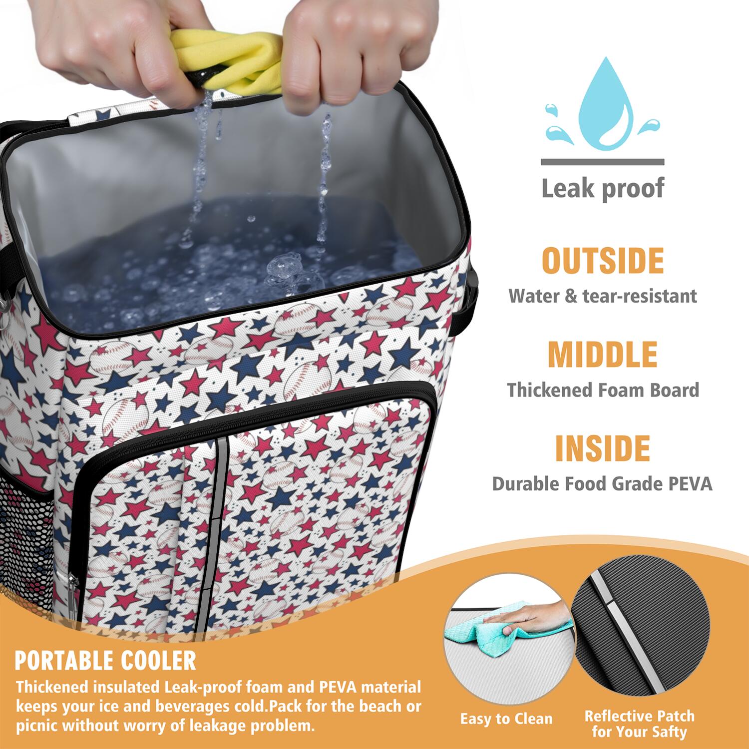 Travel Cooler Bag - Red White Blue Baseballs and Stars Pattern Camping Beer Cooler Backpack with Bottle Opener- Waterproof Insulated Picnic Backpacks - Cooler Bag for Beach