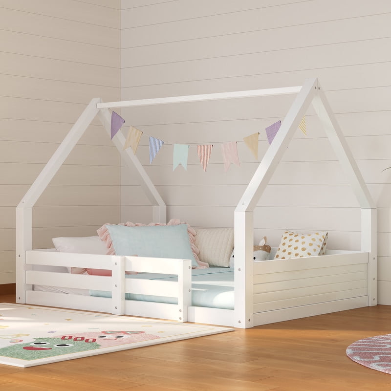 Euroco Wood Full Size Platform Bed, Low Profile House Floor Bed with Guardrails, White