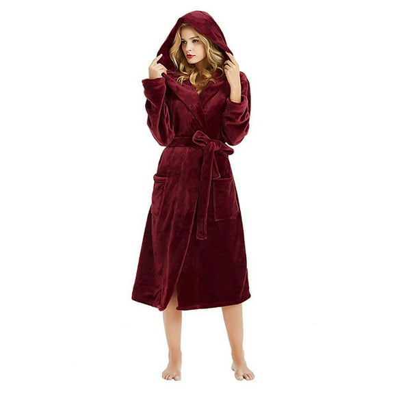 EQWLJWE Fashion Women Casual Long Sleeve Hooded Belt Pocket Long Bathrobe Home Service Sleepwear Robes Holiday Clearance