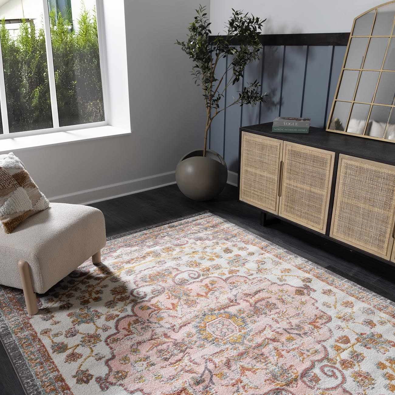 Oark Oriental Bohemian Living Room Bedroom Area Rug - Boho Vintage Distressed Carpet - Persian Medallion - Soft Color Carpet - Pink, Beige, Orange - 5'2'' x 7'