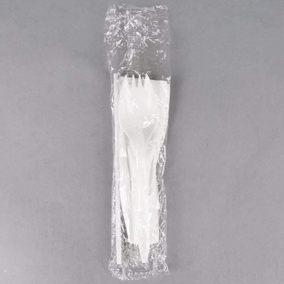 BWS Individually Wrapped White Medium Weight Plastic Spork, Straw, and Napkin Kit, Case of 1000