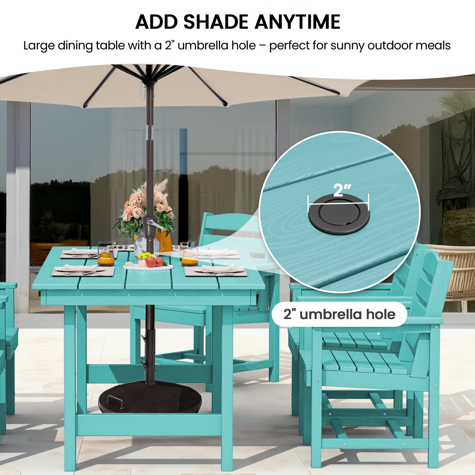 KINGYES All Weather Outdoor Dining Table with Umbrella Hole, HDPE Rectangular Patio Table for Backyard, Garden, Porch, Deck, Aruba Blue