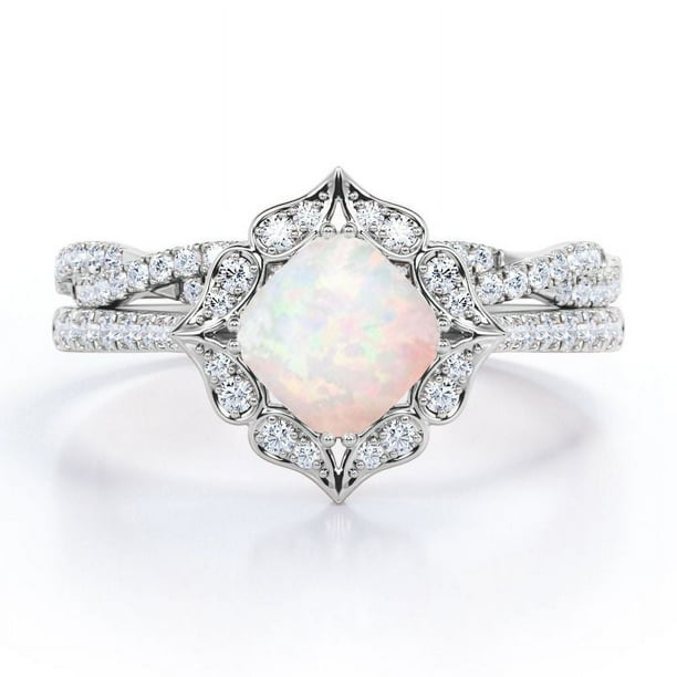 JeenMata Anillo Nupcial con Pavé Infinito de Moissanita y Ópalo Australiano de Talla Cojín de 1,5 Quilates Engastado en Oro Blanco de 18 K sobre Plata