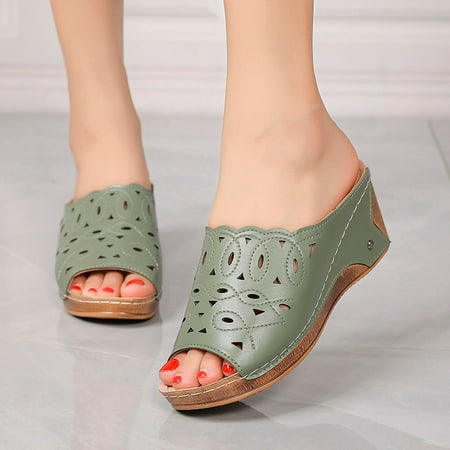 

Vintage Boho Sandals Beach Holiday Shoes Gnobogi Wedge Sandals for Women Large Size Foreign Trade Slope With Fish Mouth Slippers Hollow Out Wear Shoes Green