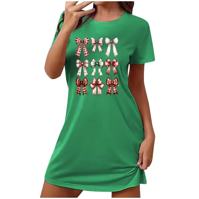 Tnhcen Pyjama Polyvalent Grande Taille Soie de Lait Robe Courte Double Face Col Rond Été Imprimé Mignon Polyester Spandex P-2TG pour Dormir/se Détendre