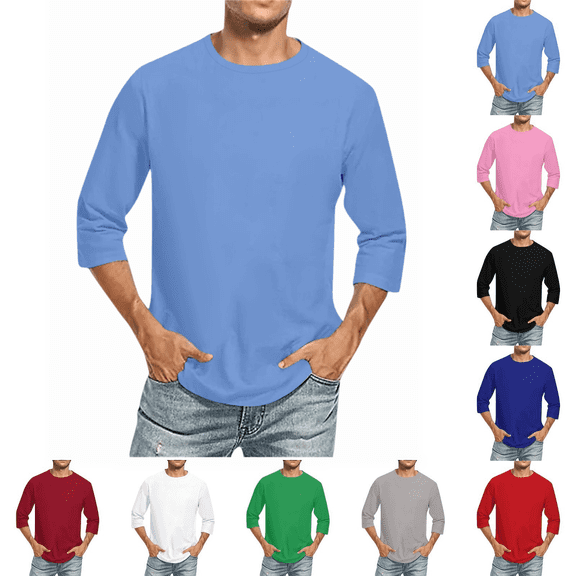 Longantii 3/4 Sleeve T-Shirts for Men Soft Stretch Casual Tops Summer Breathable Lightweight Crew Neck Tees Solid Color Loose Fit Pullover Tops