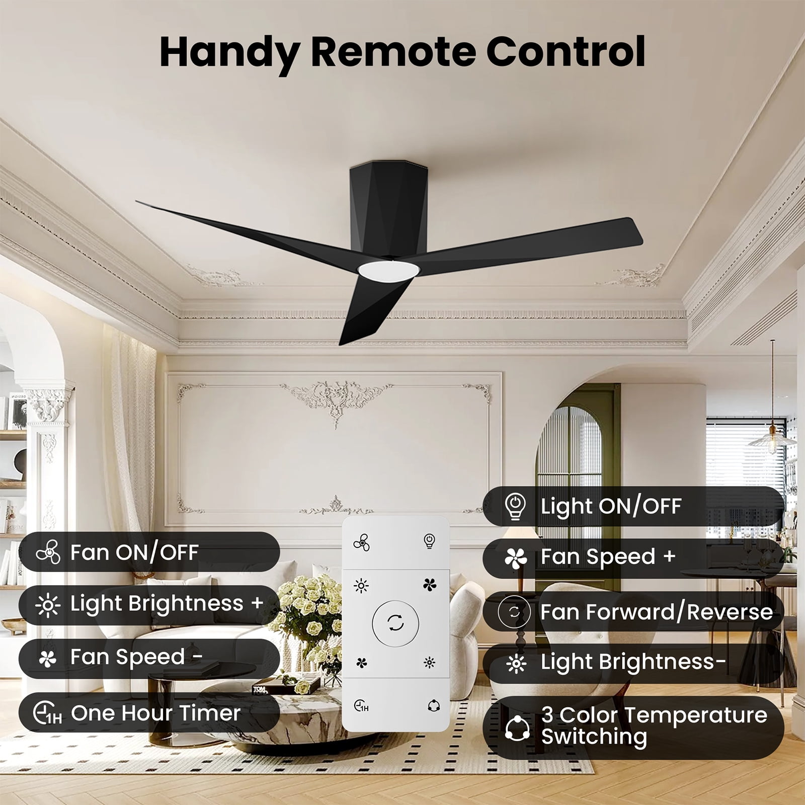 52 Inch Black 3-Blade Modern Ceiling Fan with 3CCT Dimmable LED Light, Reversible DC Motor, Remote & 1H Timer for Bedroom Living Room Kitchen