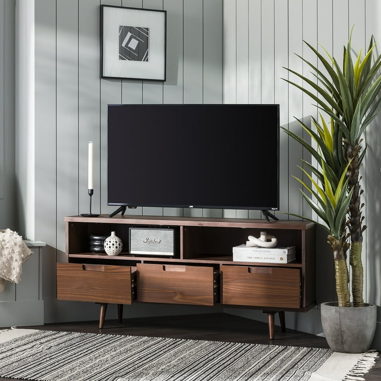 Walker Edison Modern Boho 3 Drawer Wood Corner TV Stand Walnut