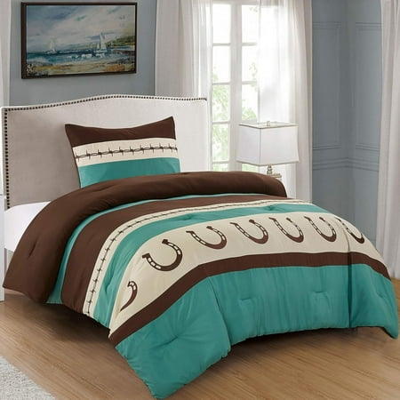 

HetayC 2 Piece Rustic Comforter Set. Brown/Beige/Teal Horseshoe Horse Barb Wired Embroidered Western Size Bedding Set- JENA ()