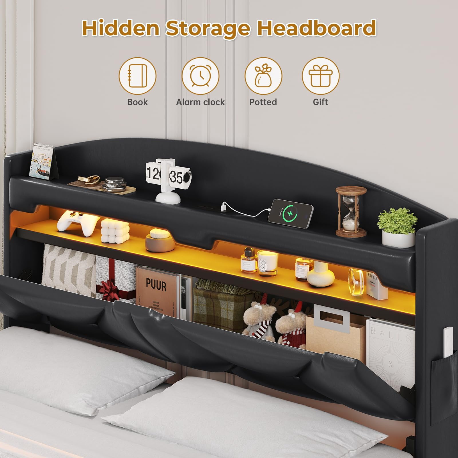 Afuhokles Floating Bed Frame Queen Size with Charging Station, Storage Headboard, LED Upholstered Leather Platform Bed, Black PU