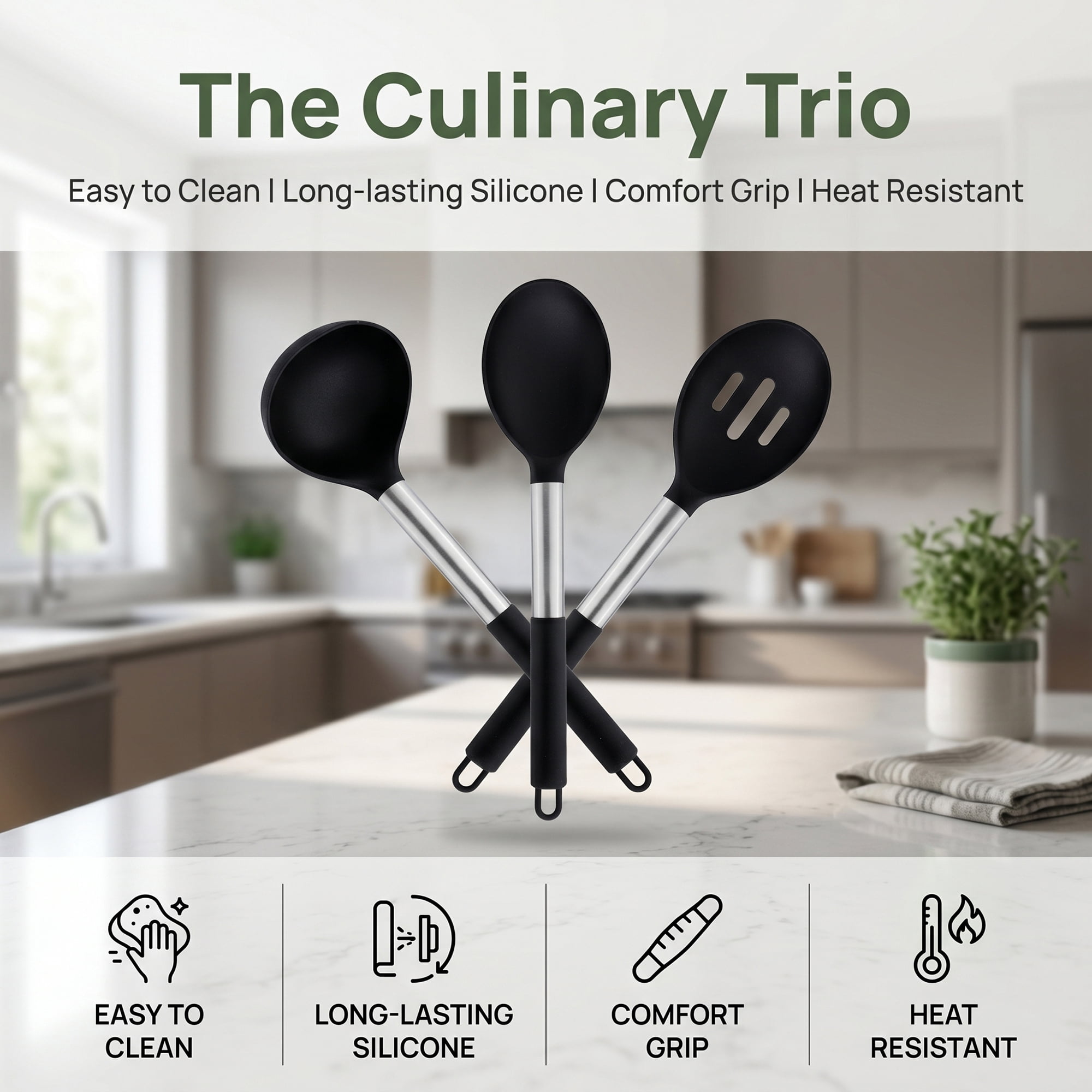 Unique Bargains 3Pcs Silicone Non Stick Cookware Cooking Utensil Set Black