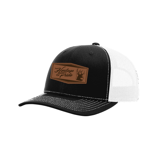 Heritage Pride Men's Buck Head Laser Engraved Leather Patch Mesh Back Trucker Hat, Black/White