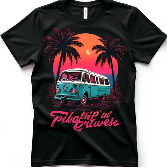 Retro Bus T-Shirt Tree Sunset Graphic Tee for Adventurers