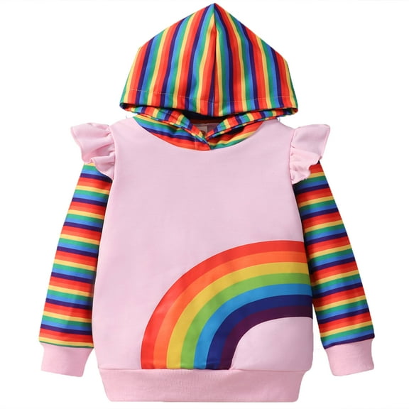Kids Rainbow Sweatshirt Ruffle Sleeve Hoodies for Girls Cotton Toddler Hoodie Casual Fall Winter Clothes Crewneck Pullover Tops 2T