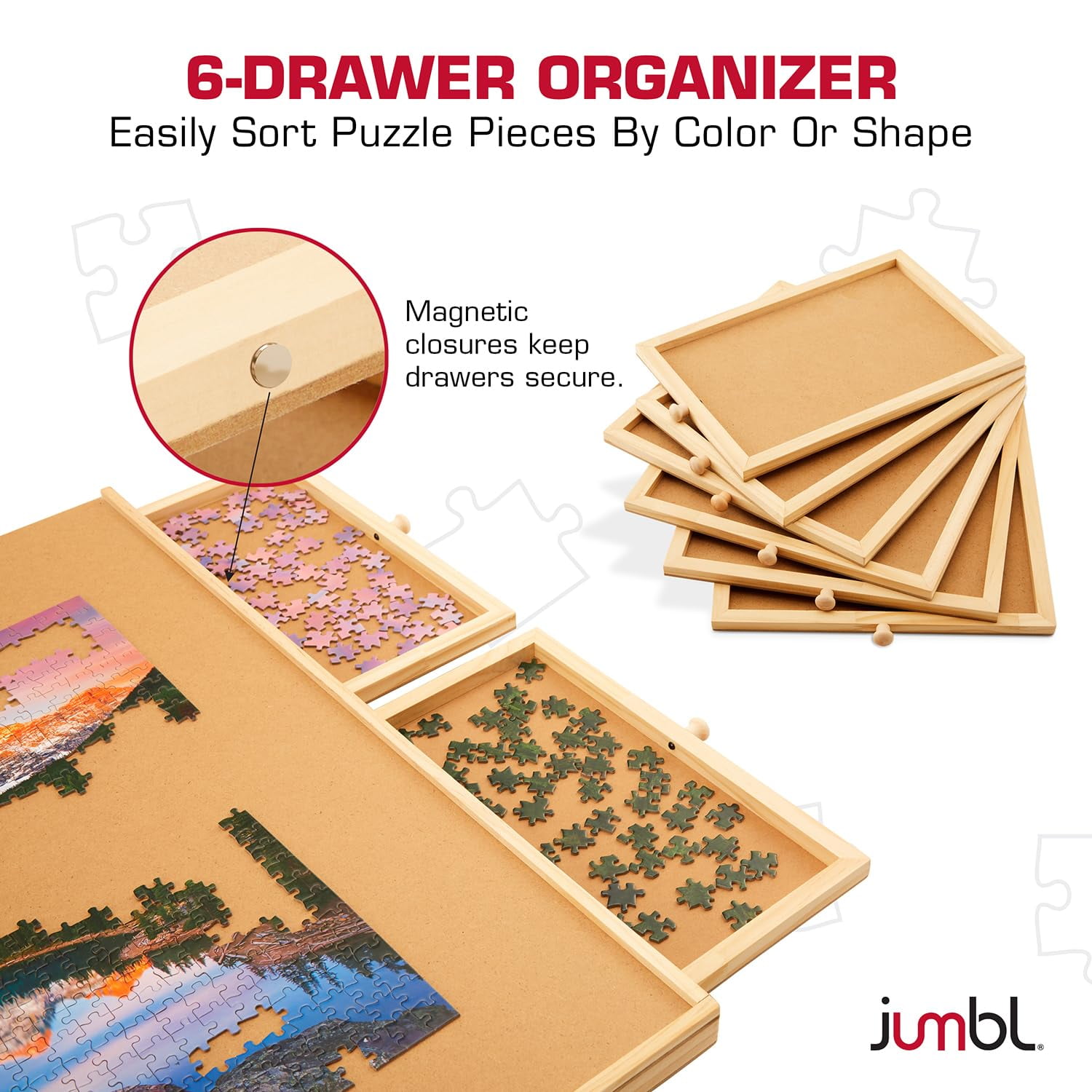 Jumbl 1500-Piece Puzzle Board with Drawers, Lazy Susan & Cover - Rotating Wooden Jigsaw Puzzle Table