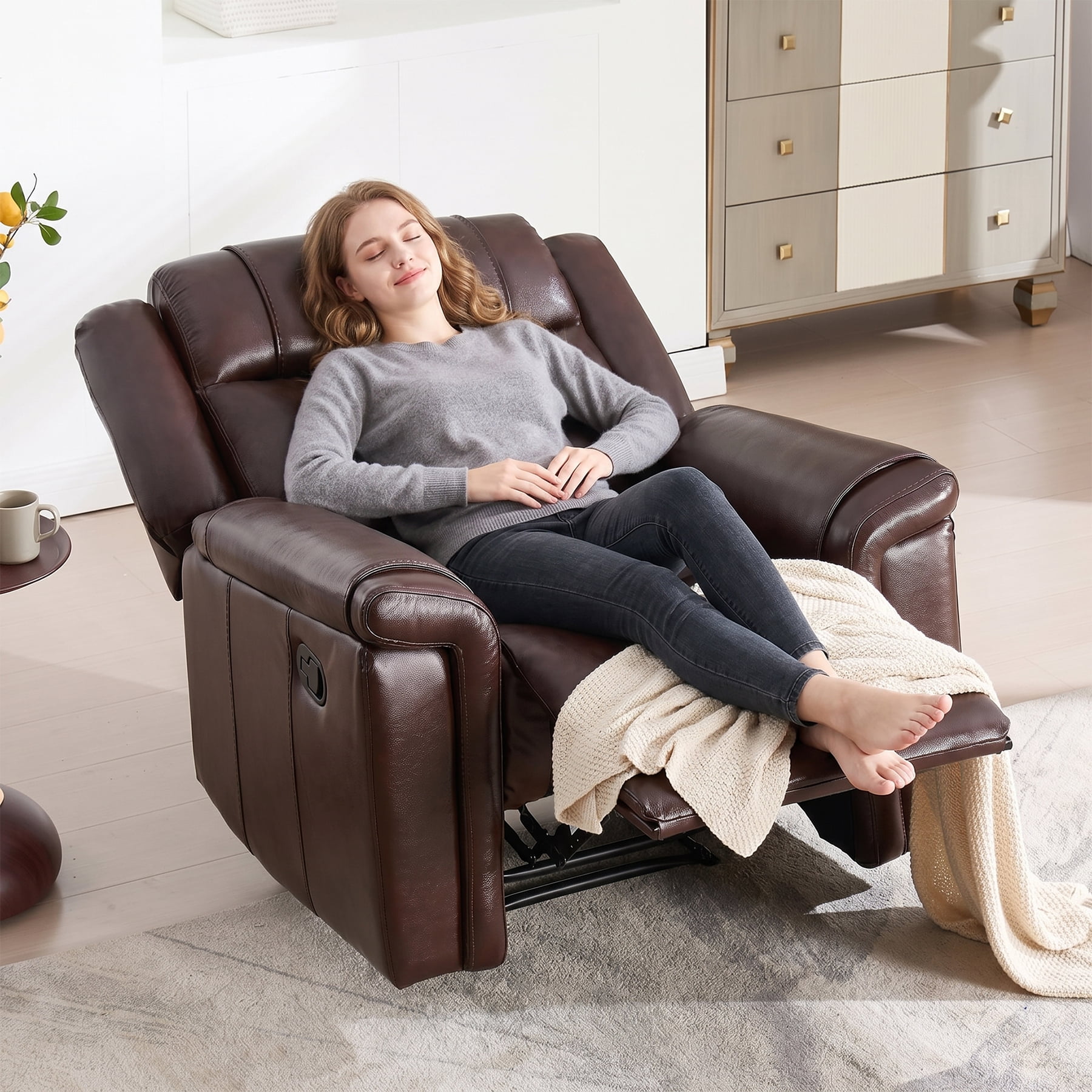 Ebello Genuine Leather Manual Recliner, Luxurious Modern Reclining Chair with Padded Headrest and Armrest for Living Room, Home Theater, Office, Brown
