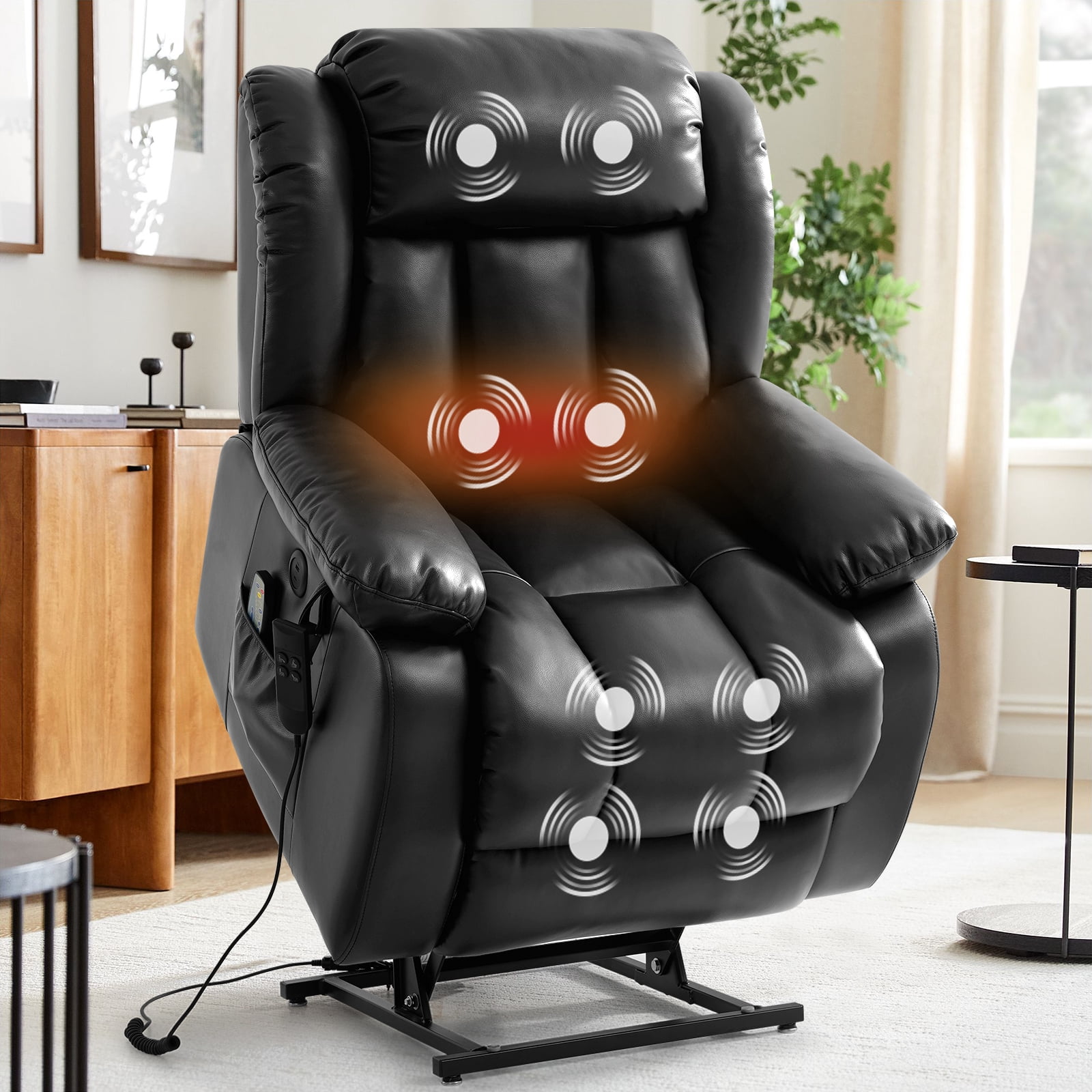 TEKAMON Infinite Position Lift Recliner Chair for Elderly with Heat and Massage Lay Flat Sleeping Leather Dual Motor Power Lift Chair for Living Room (Black)