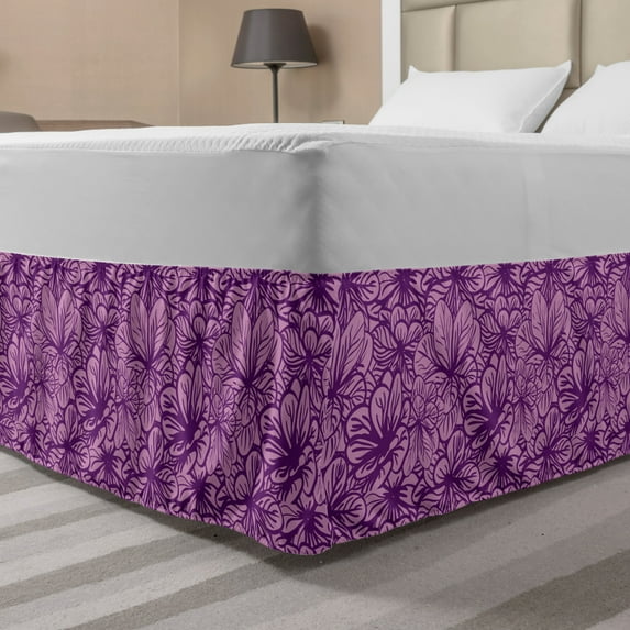 Floral Bed Skirt, Monochrome Intricate Colorful Vibrant Colors Petal Rhythmic Illustration, Elastic Bedskirt Dust Ruffle Wrap Around for Bedding Decor, 4 Sizes, Baby Pink and Purple, by Ambesonne