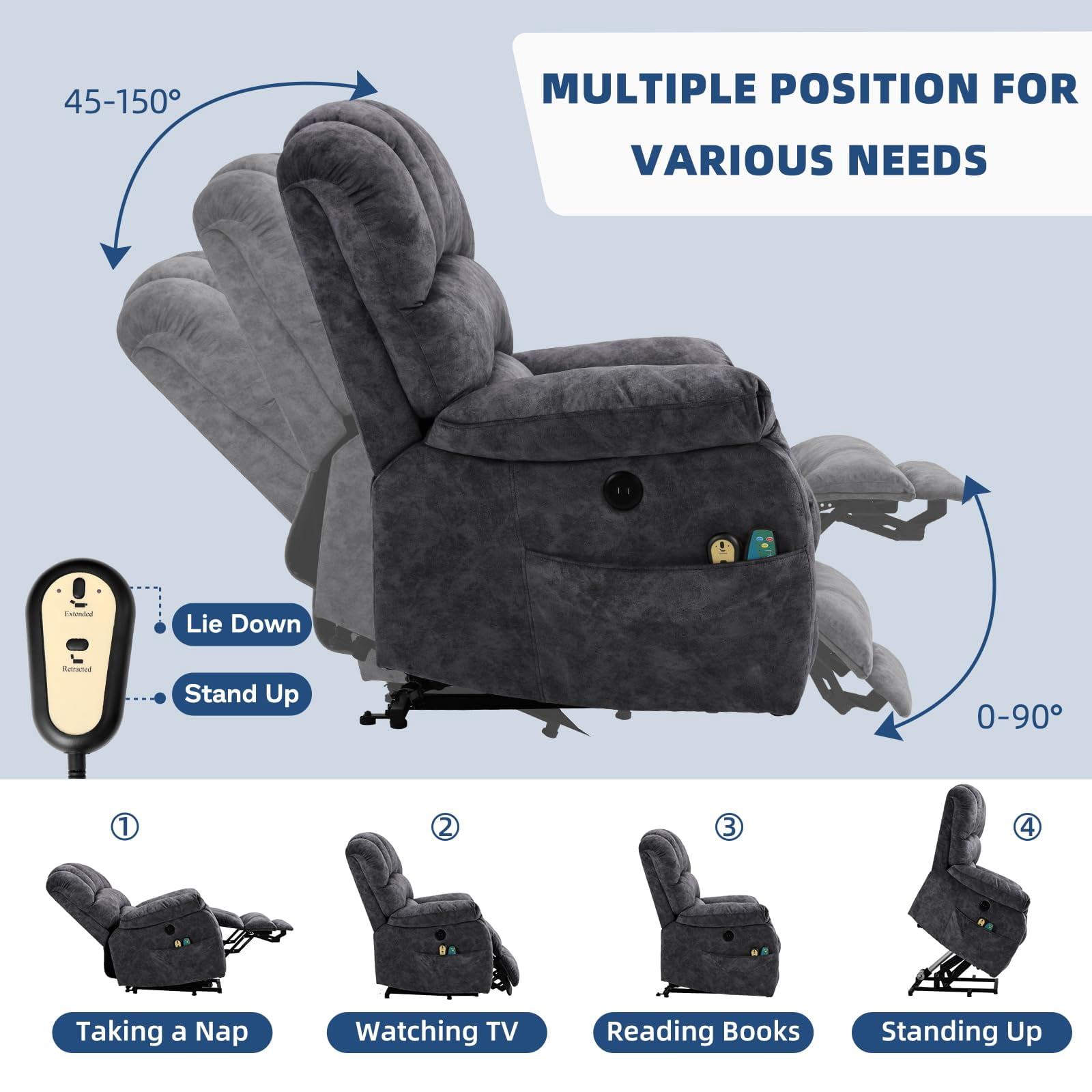 SOCIALCOMFY Large Electric Power Lift Recliner Chair with Extended Footrest for Elderly Big Man, Overstuffed Heated Massage Wide Reclining Sofa with 2 Remote Controls, Side Pockets & USB Ports, Gray