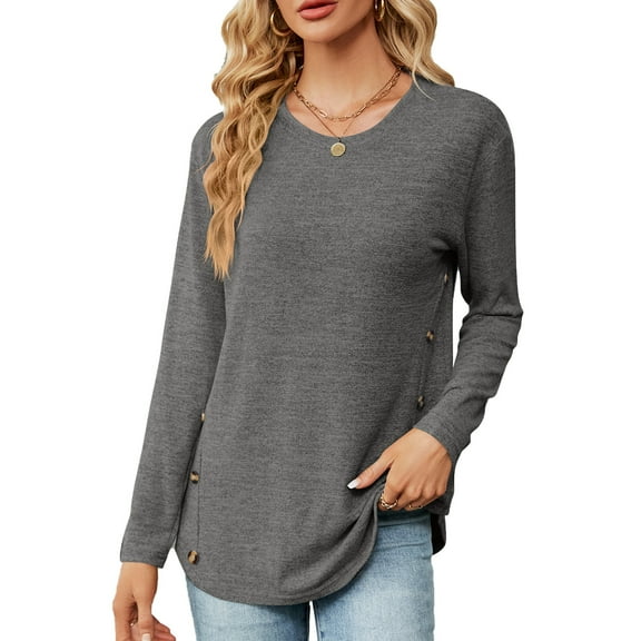 Women's Round Neck Long Sleeve Loose Button T-Shirt Top