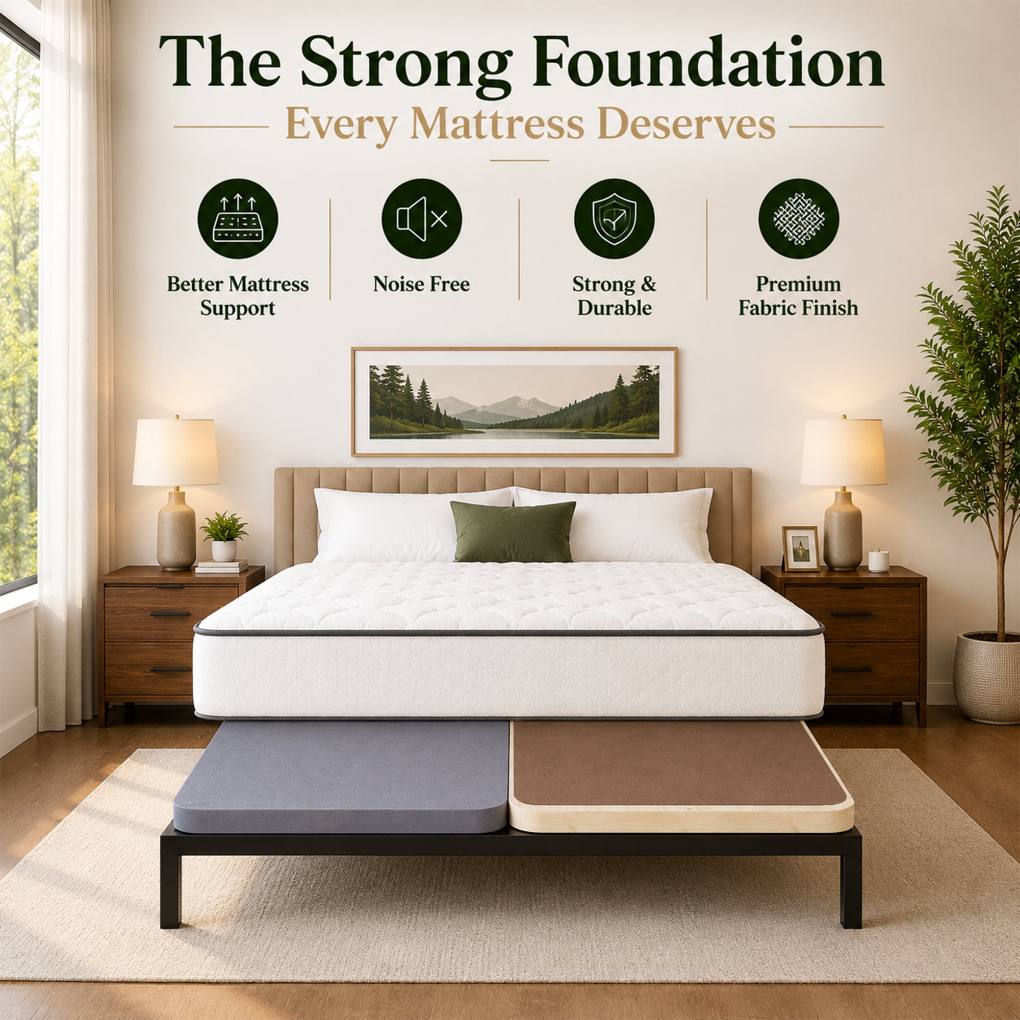 Continental Sleep, Premium 38mm Solid Surface Wood Bunkie Board Queen Size Bed Frames, 4-Piece Under Mattress Support Board, Fabric Ventilation Cover, Replaces Wooden Slats or Box Spring