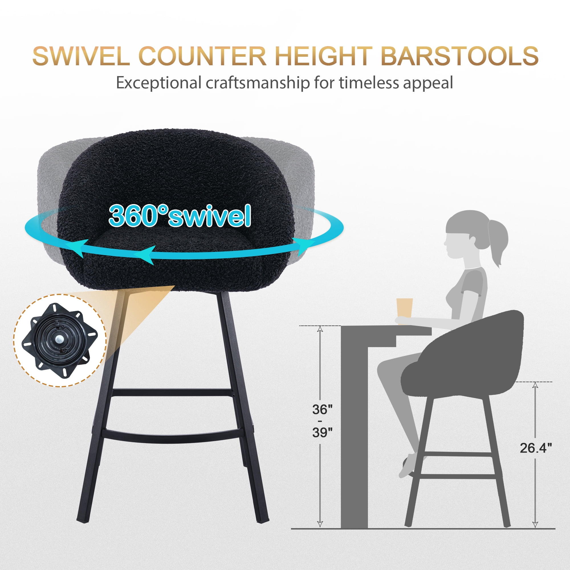 Zesthouse Swivel Counter Height Bar Stools Set of 1, 26.4" Counter Height Sherpa Upholstered Barstools with Barrel Back and Arms, Modern Counter Stool for Pub Kitchen Island, Black