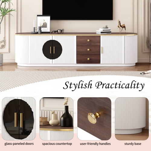 70.8 Inch Modern Minimalist TV Stand for TVs up to 80 Inches, Wood Grain Entertainment Center with 2 Glass Door Cabinets, 3 Drawers and Interior Shelf, White