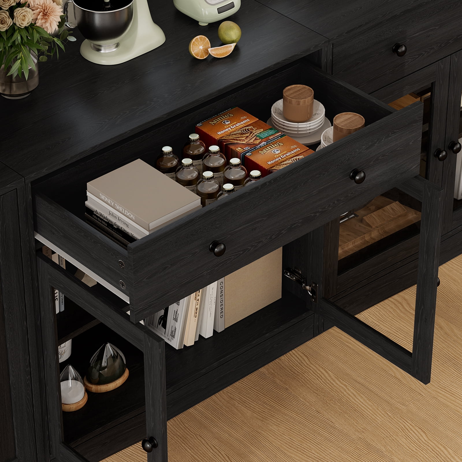 RichYa 4Pcs Kitchen Pantry Storage Cabinet,Modular Furniture Cabinets with Display Glass Doors,Hutch Buffet Cabinet with Drawers for Dining Room,Black
