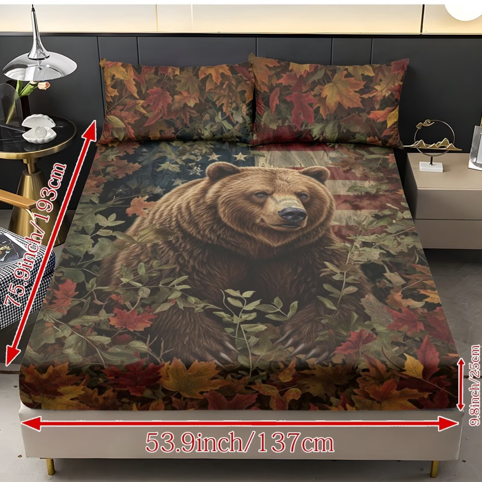 ZIATUBLES Queen Size Sheet Set-Soft Stretchy 3 Piece Bedding with 9.8" Pocket Fitted Sheet and 2 Pillowcases, Breathable Comfy Bedding for Bedroom, Autumn Leaf Brown Bear Print