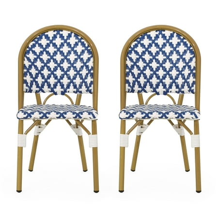 Noble House Louna Aluminum & Faux Rattan Bistro Chairs in Blue/White (Set of 2)