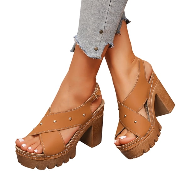 Domuza Platform Heels For Women Strappy Sandals Fashion Chunky Block High Heeled Dress Sandals Summer Ankle Strap Casual Open Toe Buckle Slingback Sandal Light Brown 9(EU-42)